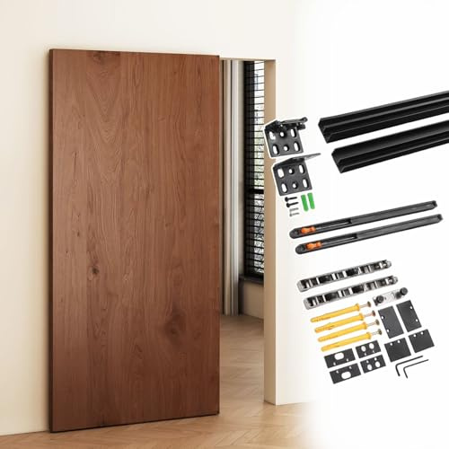 Kit Puerta Corredera Herrajes para Puerta Corredera Invisible Sin Riel, Riel Oculto con Cierre Suave para Efecto de Puerta Flotante, Riel de Puerta de Aluminio Negro(62cm(24.4in))