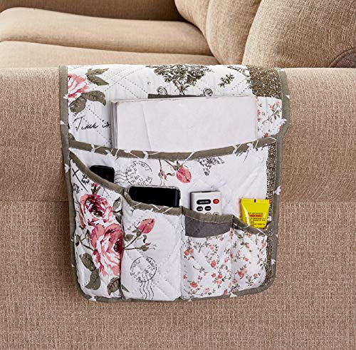 Brilliant Sunshine Rose and Toile Patchwork Couch Armrest 5 Pockets Organizer, Slip Resistant Armchair Caddy, Washable Remote Controls Holder, Storage for Magazine, Tablet, Phone, 35×13, Rose Grey