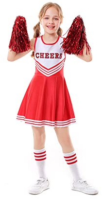 ALUCIC Mädchen Cheerleader Kostüm Cheerleading Uniform Karneval Fasching Party Halloween Kostüm Kleid Minirock mit 2 Pompoms und Socken (Rot, 134-140)