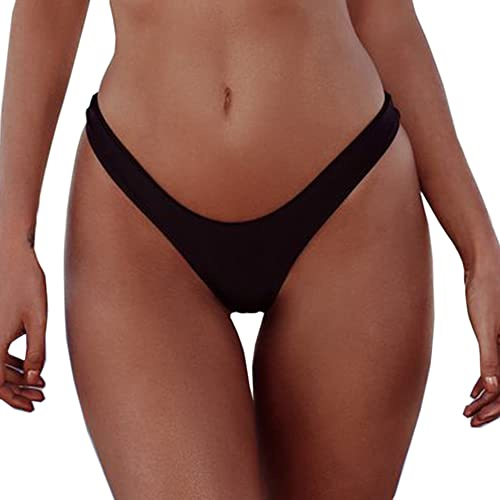 SherryDC Women's Sexy Cheeky Thong Brazilian Cut Low Rise High Leg Bikini Bottom Black
