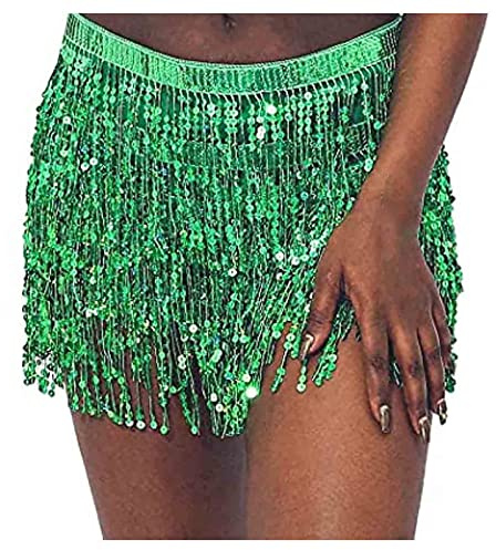 Andelaisi Boho Sequin Tassel Skirt Sequins Fringe Hip Scarf Glitter Dance Skirt Belly Tassel Hip Mini Rave Skirt Sparkly Cosplay Festival Jewelry for Women and Girls (Dark Green)