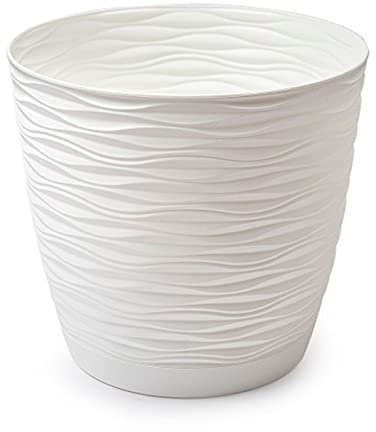 Acan Tradineur - Maceta Redonda con Plato - Diseño Wind (Ø 23 cm) - Fabricado en plástico - Ideal para jardín Exterior, terraza o balcón - Color Blanco Roto