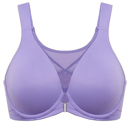 DELIMIRA dambehå med frontknäppning stora storlekar hållningskorrigering sömlös behå med bygel Tshirt djup urringning Vattenlilja Lila 100B