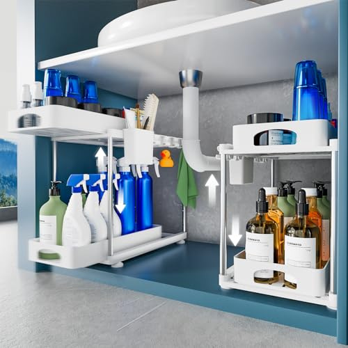 VERIFOST 2 Pack Under Sink Organizers and Storage, Double Sliding Kitchen Cabinet Organizer, 2 Tier Height Adjustable Countertop Organizer for Kitchen Bathroom Laundry, White