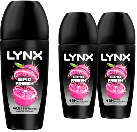 Lynx Epic Fresh Antiperspirant Roll On for Men 50ml Pack of 3 48H Sweat & Odour Protection Fast Drying Mens Roll On Deodorant Travel Size Lynx Antiperspirant Roll On