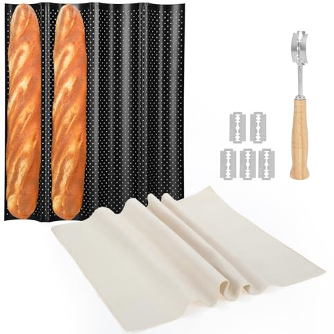 Spmarkt 4-Slot French Baguette Pan Set, Non-Stick French Bread Pan, Baguette Baking Pan with Proofing Cloth, Bread Lame, Home Baking Tools Kit for Homemade Bread