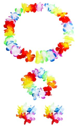 Hawaiian Garland, Flower Lei Necklace for Tropical Party Decorations, Hawaiian Fancy Dress Necklace Headbands And Wristbands, Hawaiian Beach Party Decorations for Adults Kids (B)