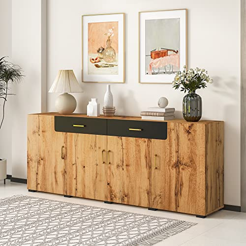 Rtopsu Mobile Contenitore Credenza, Madia Mobile da Cucina con 4 Ante e 2 Cassetti, Mobile Dispensa Cucina Buffet per Soggiorno Sala da Pranzo, 208x39,5x80 cm, Braun