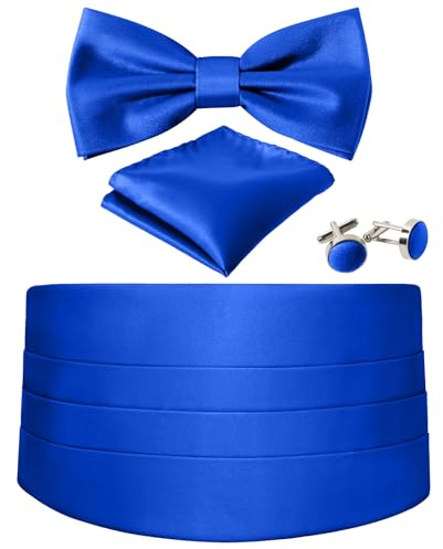 Cummerbund and Bow Tie Set Solid Color Adjustable Formal Men's Royal Blue Cumberbund Bowtie Cufflinks Set & Pocket Squares