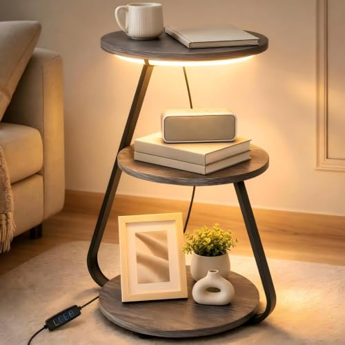 ARTETHYS Side Table, Small Round Coffee Table, Grey | 3 Color LED Lights, Bedside Sofa Side Tables for Living Room, 3 Tier Storage Shelves, End Tables with Adjustable Feet