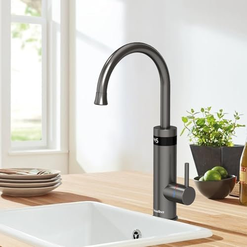 Briwellna Kitchen Electric Instant Water Heater Tap 220V, Stainless Steel Fast Heating Tap, 360 Degree Rotate Instant Hot Water Faucet with Digital Display (Grey)