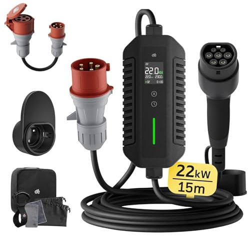 dé laddningskabel typ 2 CEE-kontakt 22 kW [3-fas |15m|6–32 A] med justerbar laddningseffekt, elbil-laddare och mobil laddningsstation/väggbox för ID.3/4/5, modell Y, modell 3, e-up, e-tron, Zoe och