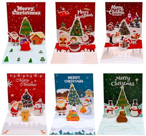 JJQHYC Confezione da 6 biglietti di Natale pop-up con buste, biglietti di 3D con albero e Babbo Natale, per amici e familiari