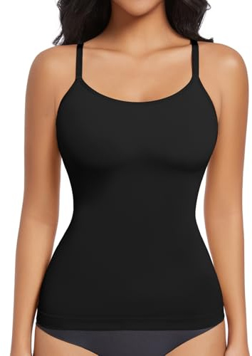 ONEW Shapewear Camiseta interior para mujer, moldeadora de abdomen, con tirantes delgados, camiseta de compresión, moldeador de cintura, moldeador de cuerpo, sin costuras, camiseta moldeadora, Negro