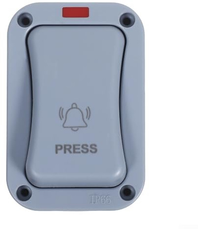 Interruttore a pulsante impermeabile per campanello esterno, IP66, alloggiamento in ABS sigillato antipolvere, indicatore LED per patio, magazzino, 20 A, AC250 V, grigio