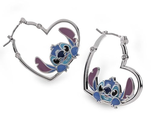 Disney Stitch Niñas Pendientes de Aro Tipo Huggie Chapados en Plata con Corazón de Amor