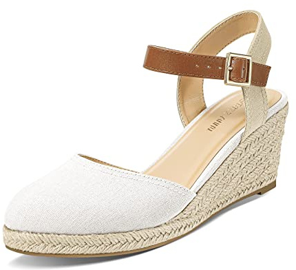 PIZZ ANNU Sandalias Mujer Verano Alpargatas con Cuñas de Esparto y Punta Cerrada Plataforma Espadrilles Zapatos Tacón Novia Boda Elegantes Blanco EU 40