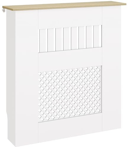 HOMCOM Couvercle de Radiateur en Bois Moderne 78 x 19 x 81 cm Blanc | Cache Radiateur à Lattes, Détails Croisés, Étagère Supérieure, pour Salon, Chambre à Coucher, Couloir