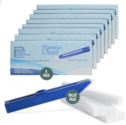 Powerstone Pumice Long Lasting Chisel Sticks - 8 Pack | Refillable Case with 8 Scouring Sticks to Remove Stains, Limescale & Carbon Buildup from Stoves, Ovens, BBQ Grills, Sinks, Tiles, Toilets & More