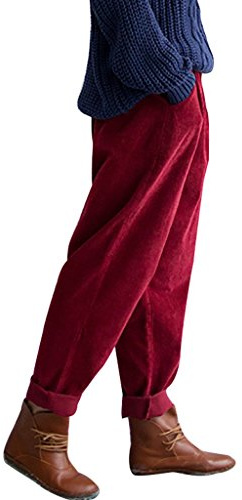 Youlee Femmes Élastique Taille Velours Côtelé Pantalons avec Poches Bourgogne L