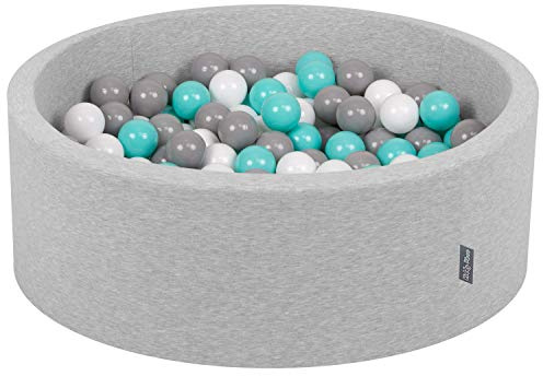 KiddyMoon 90X30cm/200 Palline ∅ 7CM Piscina di Palline Colorate per Bambini Tondo Fabbricato in EU, Grigio Ch:Bianco/Grigio/Turchese Ch