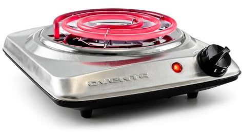 OVENTE Electric Countertop Single Burner, 1000W Cooktop with 6 Stainless Steel Coil Hot Plate, 5 Level Temperature Control, Indicator Light, Compact Cooking Stove and Easy to Clean, Silver BGC101S
