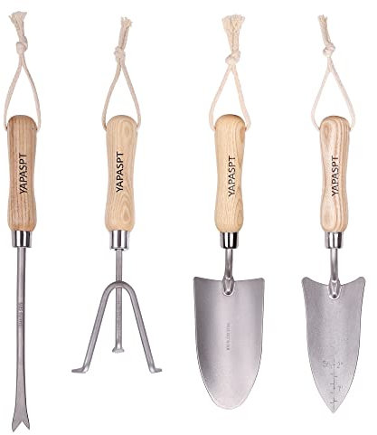 MAGALAVA Gartenwerkzeug-Set, 4-teilig, robuste Gartenwerkzeuge mit Holzgriff, inkl. Gartenschaufel, Handschuhe, Kelle, Handjäter, Kultivator