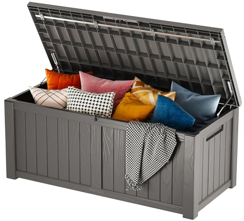 EAST OAK Outdoor Storage Box, 120 Gallon Deck Box with Stainless Steel Rods Large Resin Storage Bin for Patio Cushions, Garden Tools, Waterproof and UV Resistant, Lockable, Grey