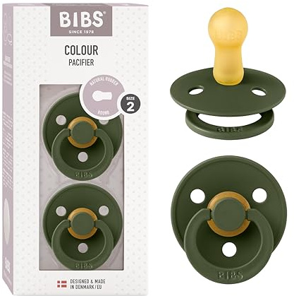 BIBS Colour Soother 2-Pack, BPA Free Dummy Pacifier, Round Nipple. Natural Rubber Latex, Made in Denmark, Size 2 (6-18 Months), Hunter Green