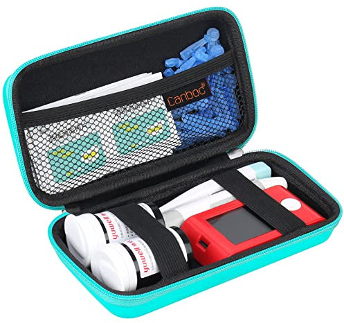 Canboc Caja de Productos para la Diabetes, medidor de azúcar en Sangre, Equipo Lancing, Tira de Prueba de azúcar en Sangre, lancets, bolígrafo de insulina, Turquesa