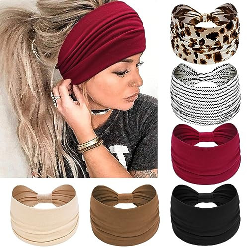 Kavya 6 Pcs Stirnband Damen Breite Elastische Weiche Boho Haarbänder Leopard Print Haarschmuck Yoga Sport Haarband Mehrfarbig Haarreifen Damen