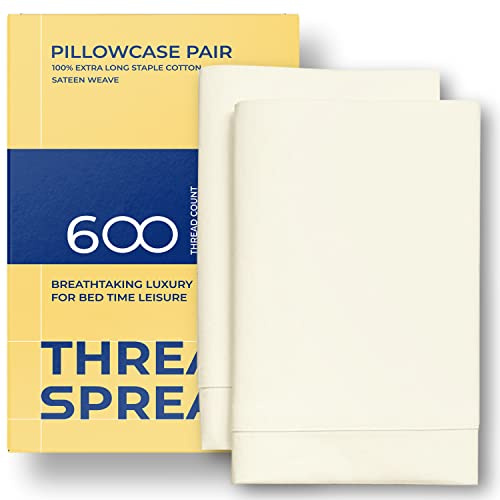 Thread Spread 100% Egyptian Cotton Pillow Cases Queen Size Set of 2 - Luxury 600 Series Bliss Collection Queen Pillow Cases (Ivory), Soft Cooling Hotel Cotton Pillowcases, Sateen Finish