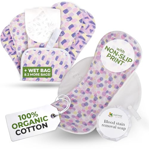 Compresas reutilizables antideslizantes en algodón orgánico para flujo abundante e incontinencia (L+XL, 6 uds.); lavables a alta T°; suaves, no irritantes y cómodas, compresas de tela para mujeres
