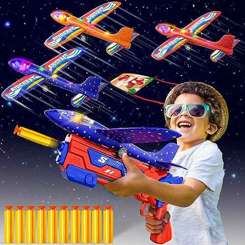 Doloowee 4 IN 1 Airplane Launcher Spielzeug, LED-Schaum Gleiter Flugzeug Katapult, 3 Flugmodi, Outdoor-Sport Fliegen Spielzeug 3-12 Jahre alt Jungen Mädchen Geburtstag Geschenke(Blau)