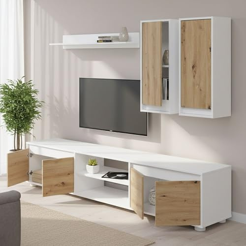Dmora Parete Attrezzata Wells 40x200x114h cm Bianco 7 Ripiani 6 Ante, 8 Vani