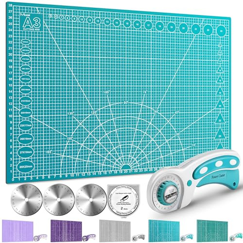 Miuzei Rotary Cutter Set: A3 Cutting Mat, 45mm Fabric Cutter, Self-Healing Craft Mat, Quilting Kit, Suitable for Cutting Fabric, Sewing, Leather and Paper Green