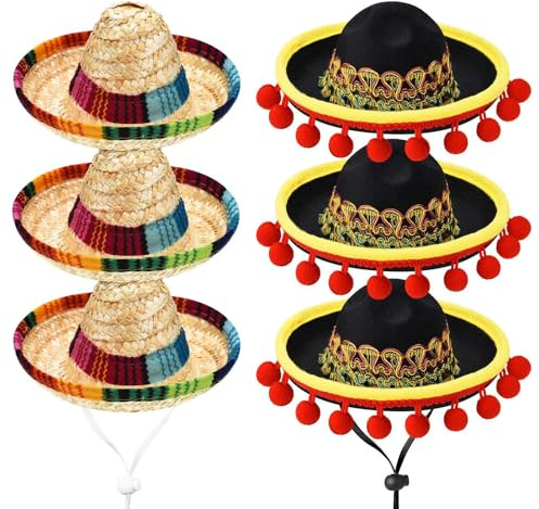 Satiskid - Mini sombreros mexicanos (6 unidades, mini sombreros, sombreros, mini sombrero de paja, fiesta, decoraciones de fiesta mexicana para Cinco de Mayo Fiesta mexicana, carnaval, niños, gatos,