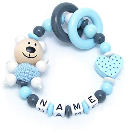 Baby Greifring personalisiert mit Namen | Mädchen Babyspielzeug & Lernspielzeug als Geschenk zur Geburt, Taufe | Bär in babyrosa