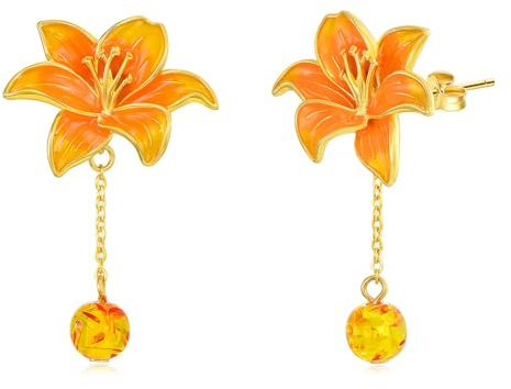 KZX Emaille Lilie Ohrringe 925 Sterling Silber Lilie baumeln Ohrringe mit Bernstein hypoallergen Lilie Blume Schmuck Valentinstag Geburtstag Geschenke für Frauen Mutter Freundinnen