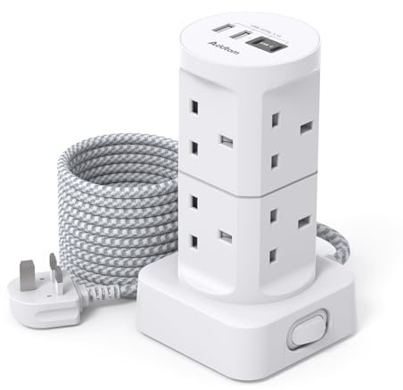 Tower Extension Lead with USB Slots, (13A 3250W), 8 Way Multi Plug Extension Tower & 4 USB Ports (2 Type C & 2 USB A Ports), 1.8M Extension Cable, Extension Lead tower for Home Office School Supplies