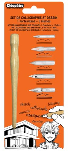 CLEOPATRE – Porte-Plume avec 5 Plumes pour Calligraphie et Dessin – Application à l’Encre pour Manga, Illustrations, Comics, Lettering, Écriture – Acier Inoxydable