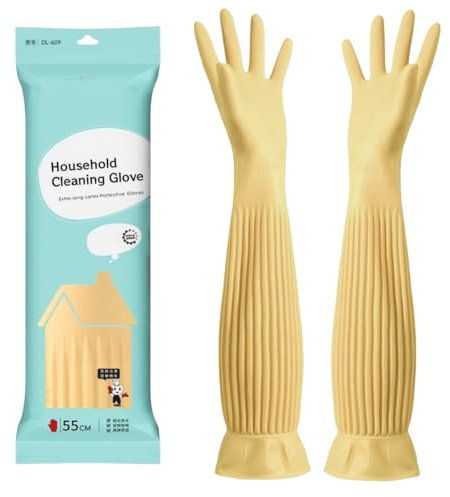 Qilerongrong Gants en Caoutchouc pour la vaisselle de la Cuisine, Gants en caoutchouc longs, gants de plaque, gants de nettoyage en caoutchouc gants de vaisselle réutilisables imperméables (Jaune,
