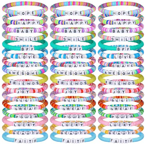Landical 64 Pcs Friendship Bracelets Bulk Women Beaded Heishi Surfer Inspirational Stackable Party Favor Bracelet Pack Vinyl Beaded for Goody Bag Fillers Party Favors Gifts Valentine