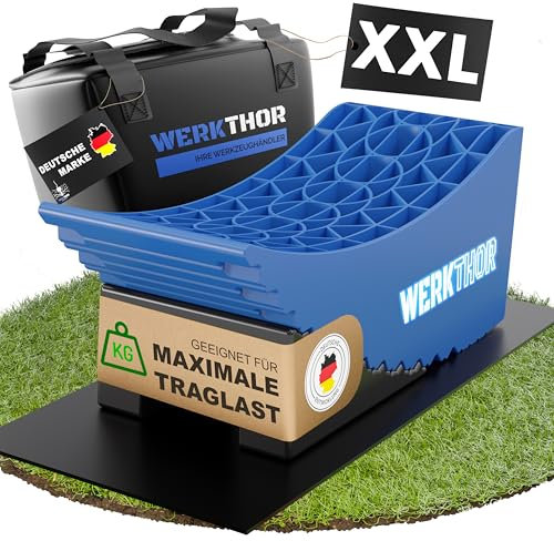 WERKTHOR Auffahrkeile Wohnmobil (Blau) – [2er Set] bewährte Auffahrkeile für Wohnwagen, Camper & Anhänger [<13,5t] – Stufenfreies Nivellieren, Unterlegkeile Wohnmobil inkl. Transporttasche (XXL)
