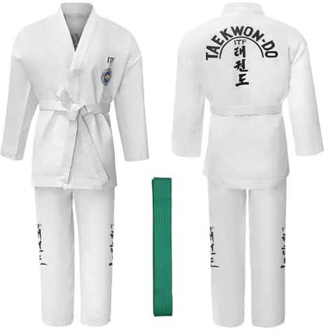 CHUIKUAJ Karate Gi per Bambini/Adulti, Uniforme da Taekwondo ITF con Cintura Verde, Uniforme da Allenamento Unisex per Studenti - per Taekwondo Livello 6,White-170