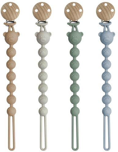 CNMTCCO - Pinza para chupete (4 piezas, de silicona, con clip antipérdida), seguro y sin gotas, suave y duradero, sin BPA, apto para bebés(azul/marrón/gris/verde)