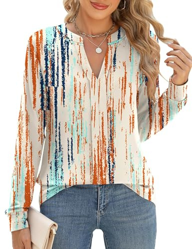 Cuptacc Magliette Donna Manica Lunga Scollo a V Top Donna Camicie Elegante Plissettata Blusa e Camicie Multicolore Righe, Small S 36