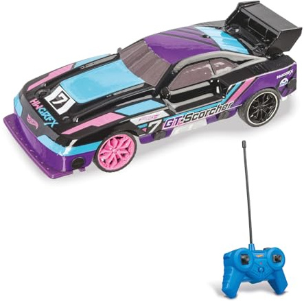 Mondo Motors Hot Wheels GT Scorcher, Modello in scala 1:24, fino a 8 Km/h di velocità, auto giocattolo per bambini 63822, con luci LED nella carrozzeria, colore viola e azzurro