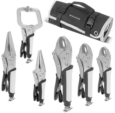 STAHLWERK Gripzangen Set 6-teilig Klemmbereich einstellbar – Langbeck-Gripzangen 165/241 mm, Gripzangen mit gebogenen Backen 127/178/254 mm, C-Klemme 152mm, Ergonomische TPR Griffe, inklusive Rolltasc