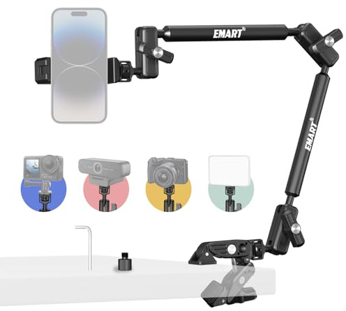 EMART Overhead Phone Mount with 22 Magic Arm, Super Clamp with 1/4 3/8 Threads for ARRI, Flexible Camera Desk Mount, Adjustable Articulating Boom Arm for Webcam/Mic/Action Camera/Phone/Video Light